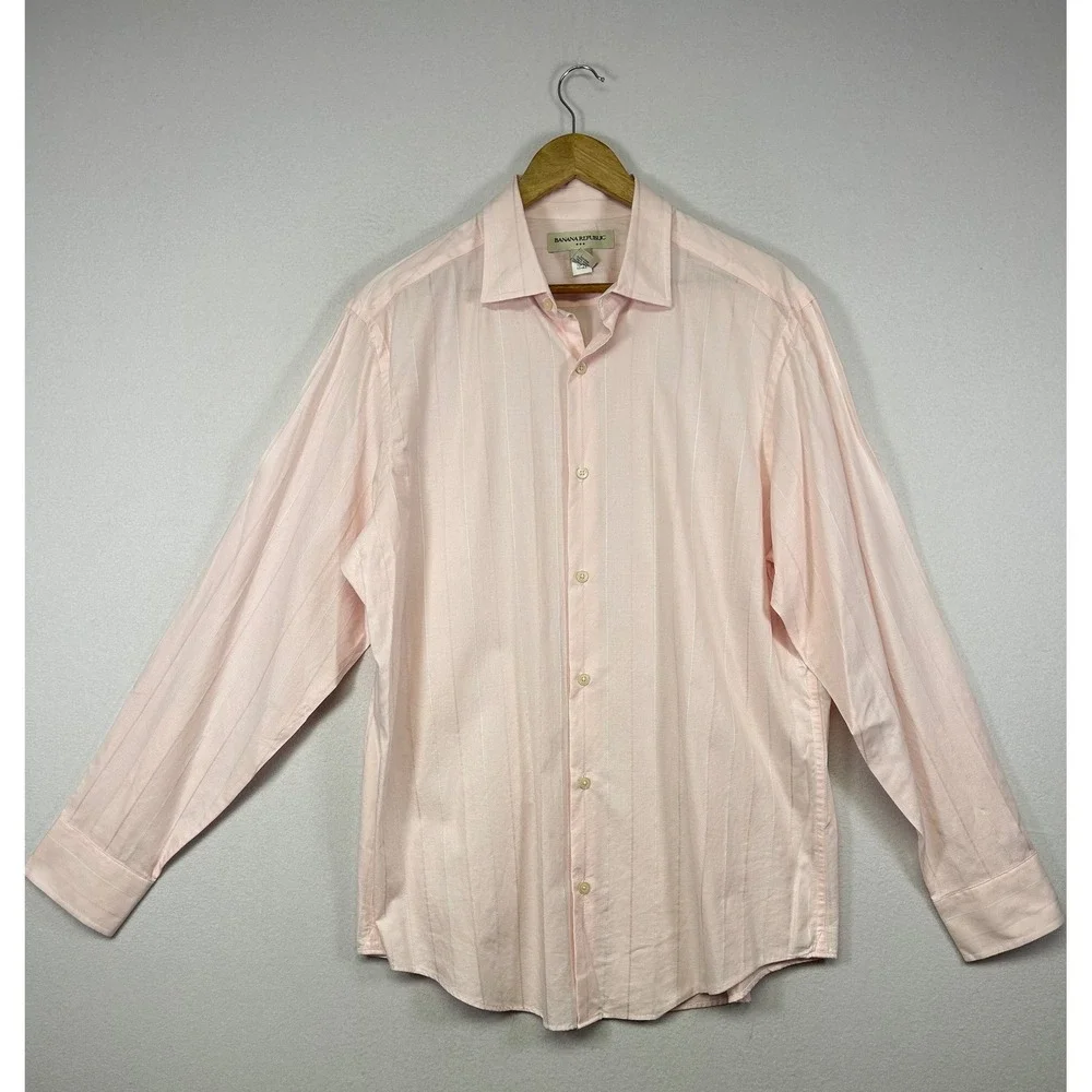 Preppy Banana Republic Mens Large Light Pink Striped‎ Cotton Button Down Shirt